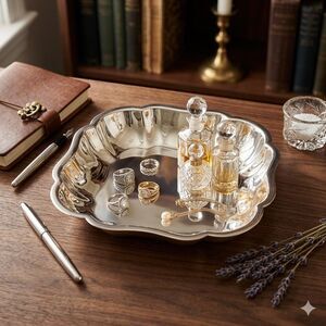 Vintage Scalloped Silver Footed Tray | Ornate Handle Trinket Dish